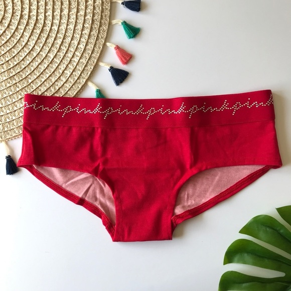Victoria’s Secret PINK Script Logo Rhinestone Band Hipster Panty Red Small NEW - Picture 4 of 4